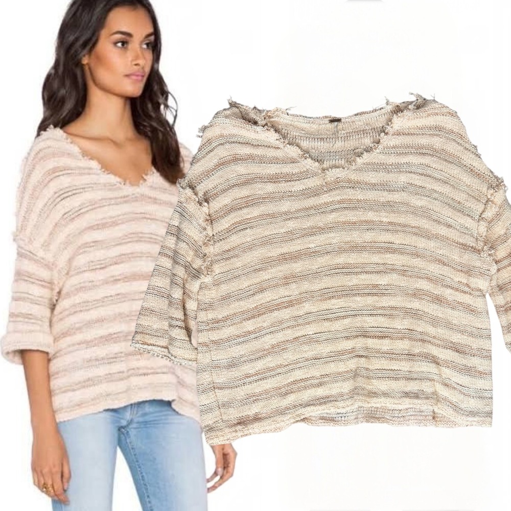 Free People Spells Trouble Striped Knit Sweater Distressed Beige Small